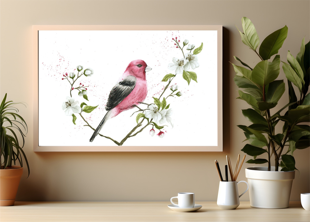 Pássaro Rosa - Aquarela em Fine Art - Finestrino