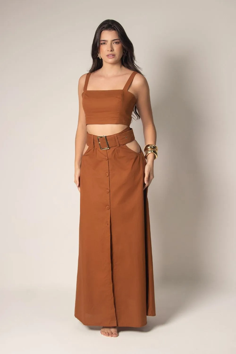 Conjunto Cropped e Saia Chocolate