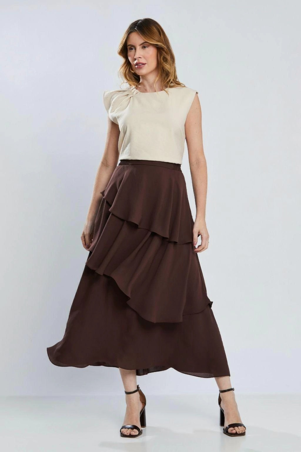 Saia Midi Alfaiataria Chocolate