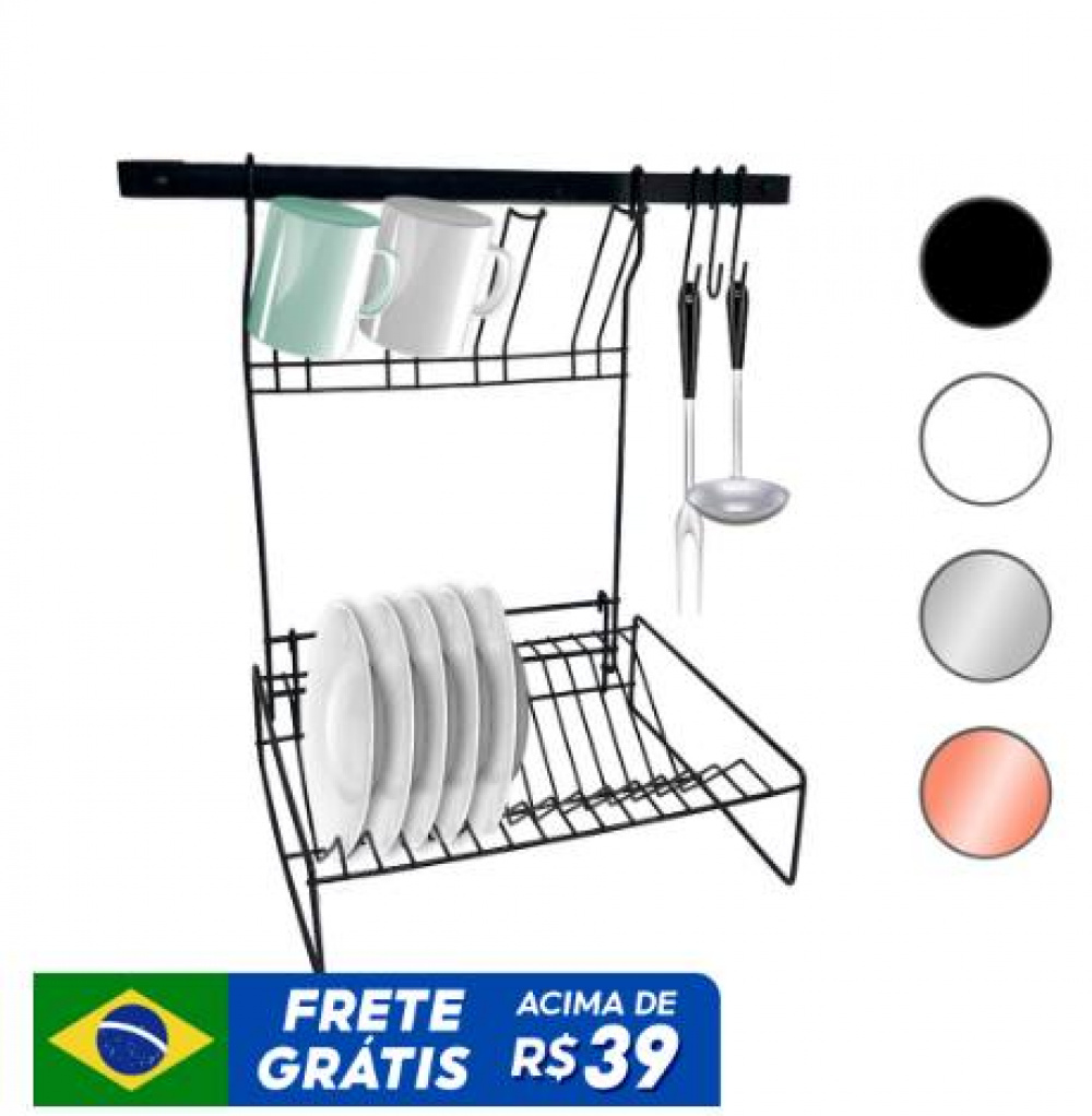 Kit Cozinha Suspensa Escorredor Louça Prato Parede Barra 7 Peças Branco