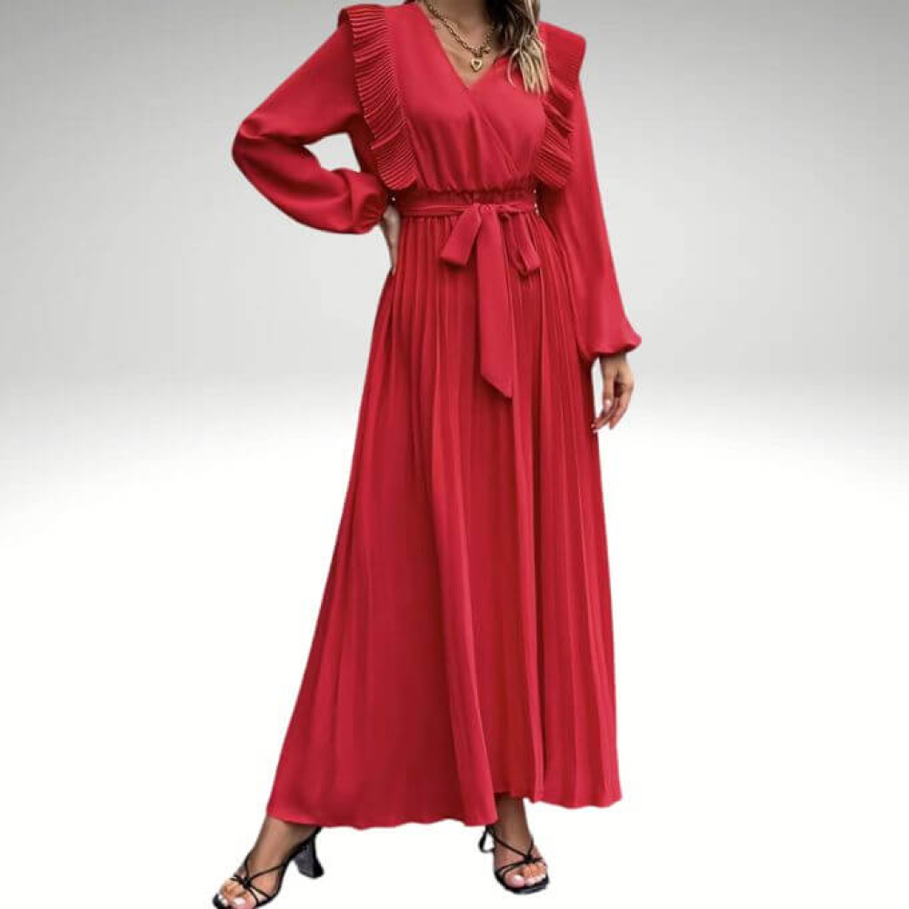 Vestido Elegante com Decote em V e Saia Plissada com Mangas Compridas Puff e Babados Cascata  Esther