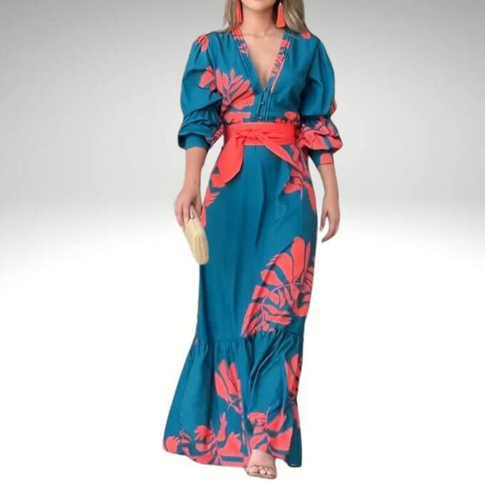 Vestido Longo com Mangas Comprida Estampa com Plantas Azul/Laranja Eloá