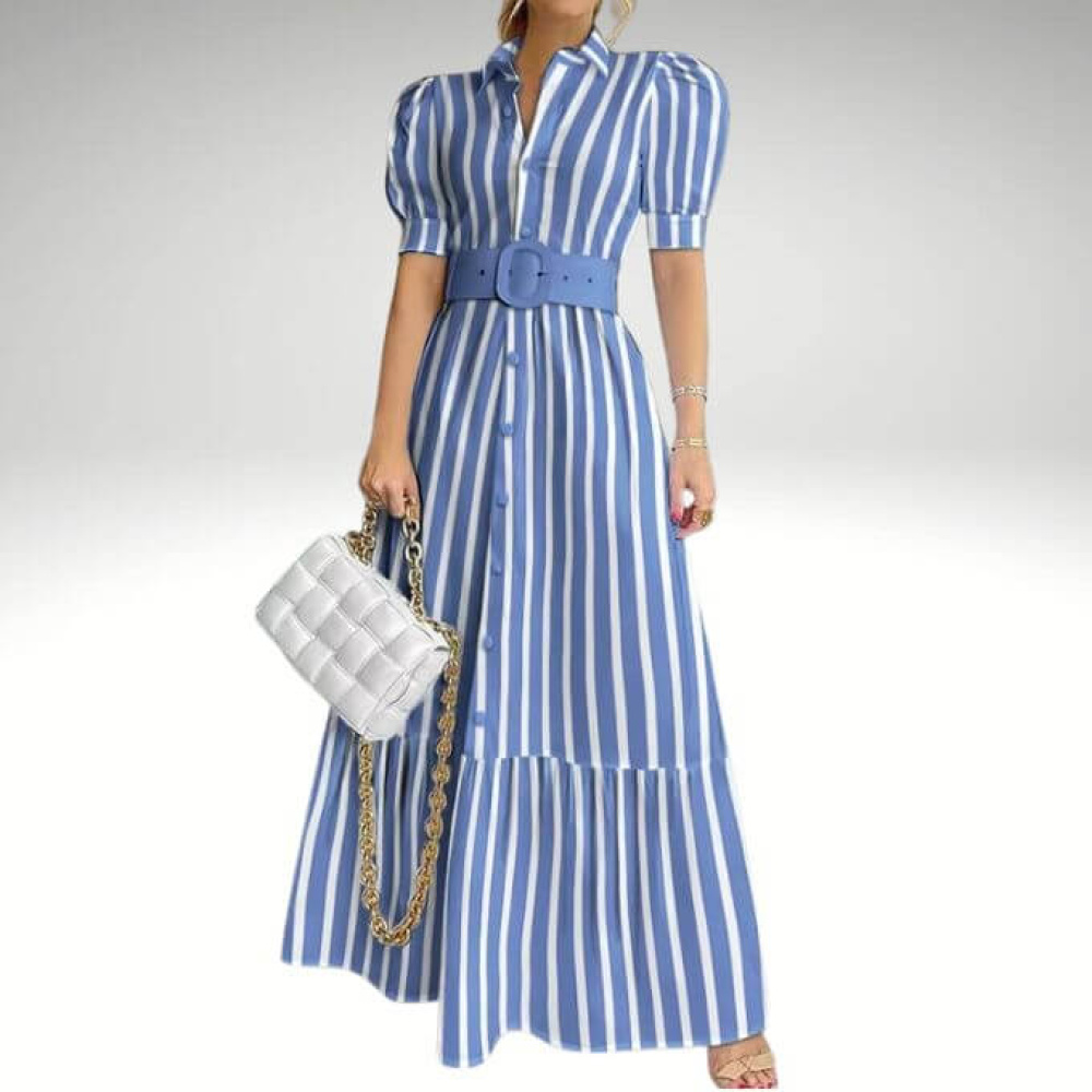 Vestido Longo de manga curta fofa botão e cinto H8S