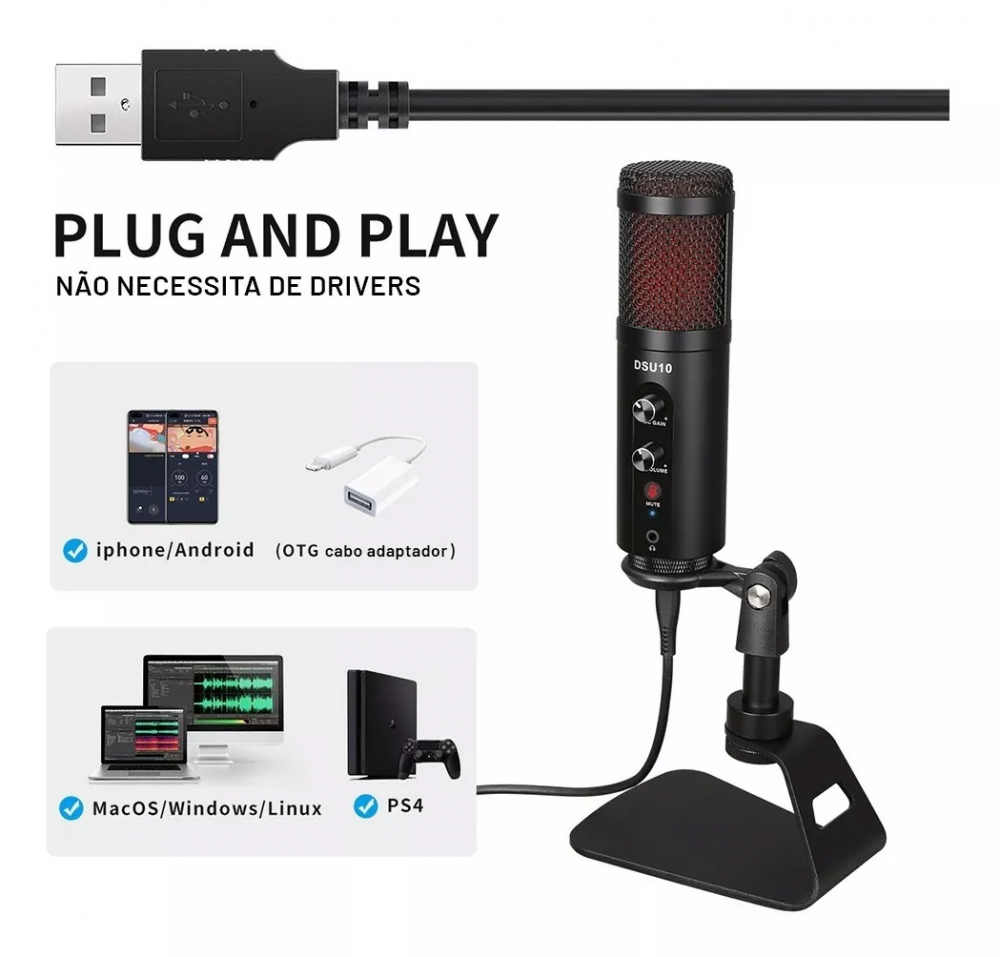 Microfone condensador USB compatível com PC/PS4/iPhone/iPad/Android,  microfone de estúdio para gravação de voz e música, podcast, streaming,  jogos