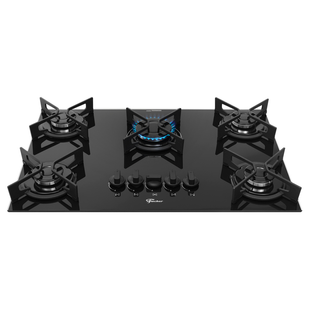 Cooktop a Gás Fischer Fit Line Iron 5 Bocas Superautomático Mesa de Vidro
