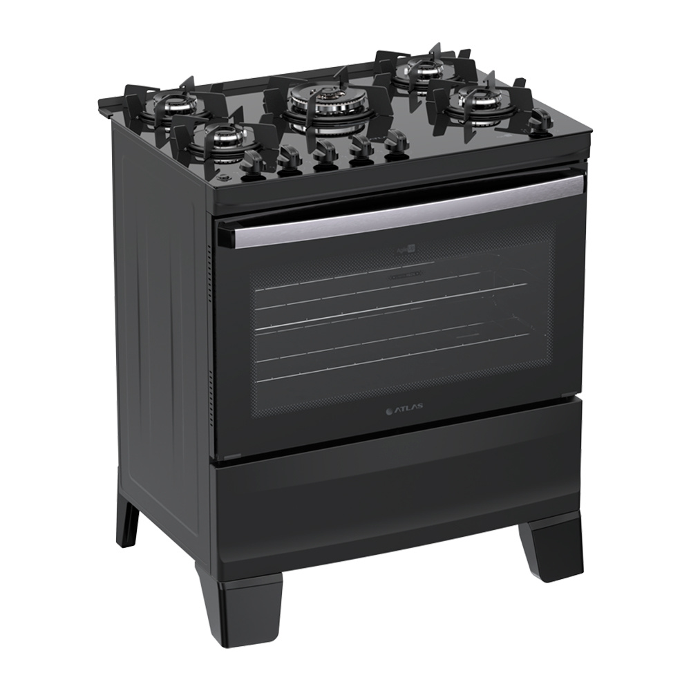 Fogão Atlas Agile Glass 5 bocas Automático Mesa de Vidro Tripla Chama