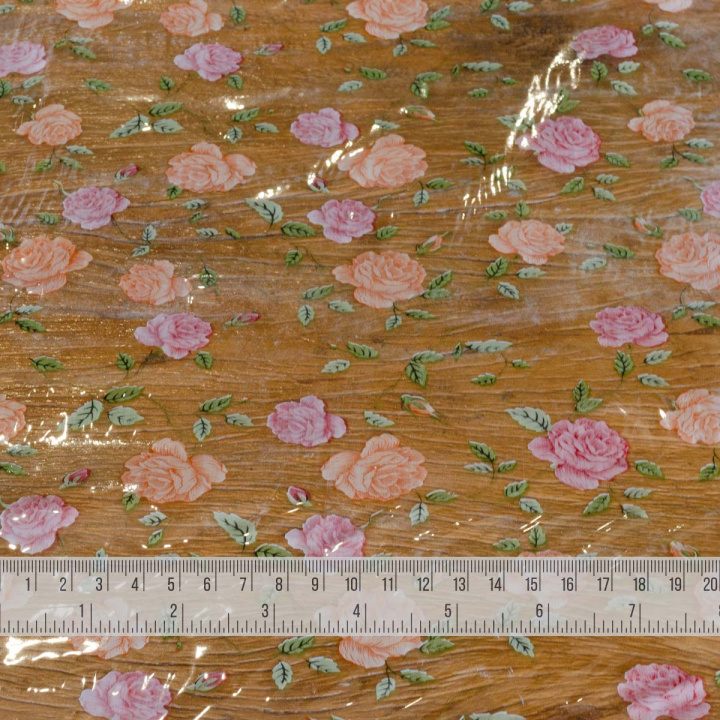 Tecido para Toalha de Plástico PVC Cristal Estampado Flor Rosa Cor Laranja/Rosa Claro - 1,40m de Largura