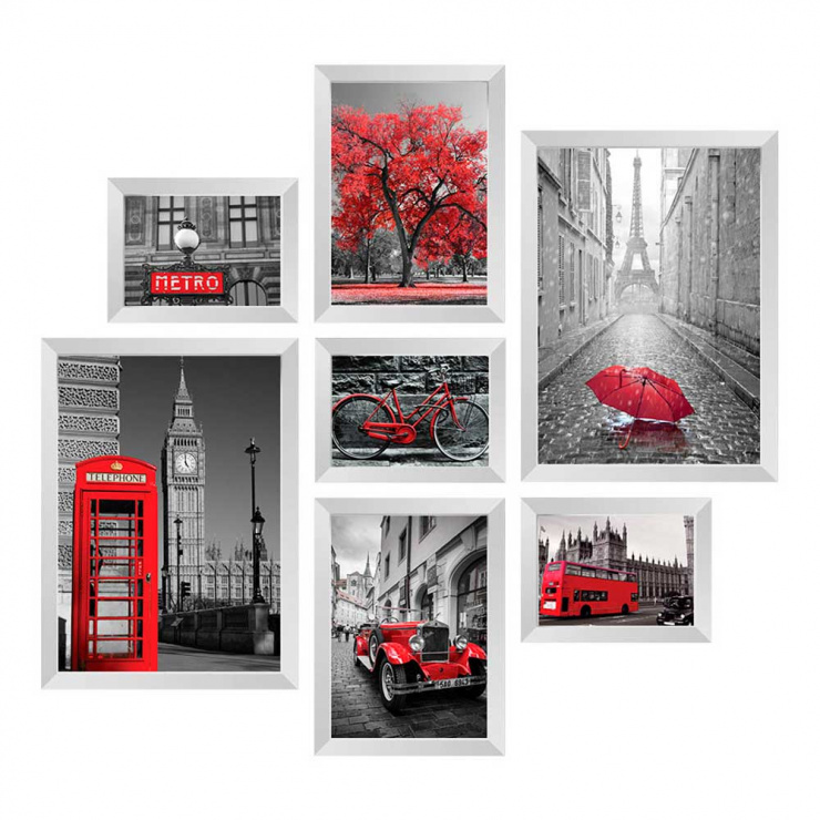 Quadro Cidade Preto e Vermelho - Kit de 7 quadros