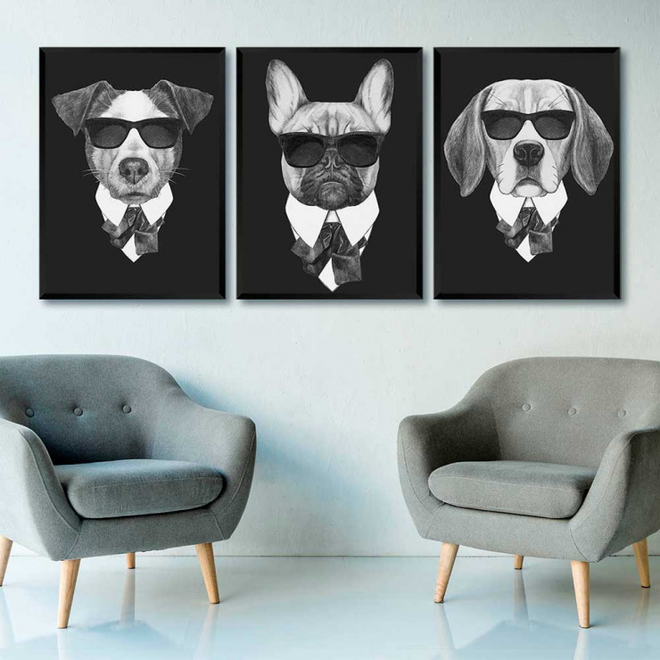 Quadro Dogs de Preto - Kit de 3 Quadros