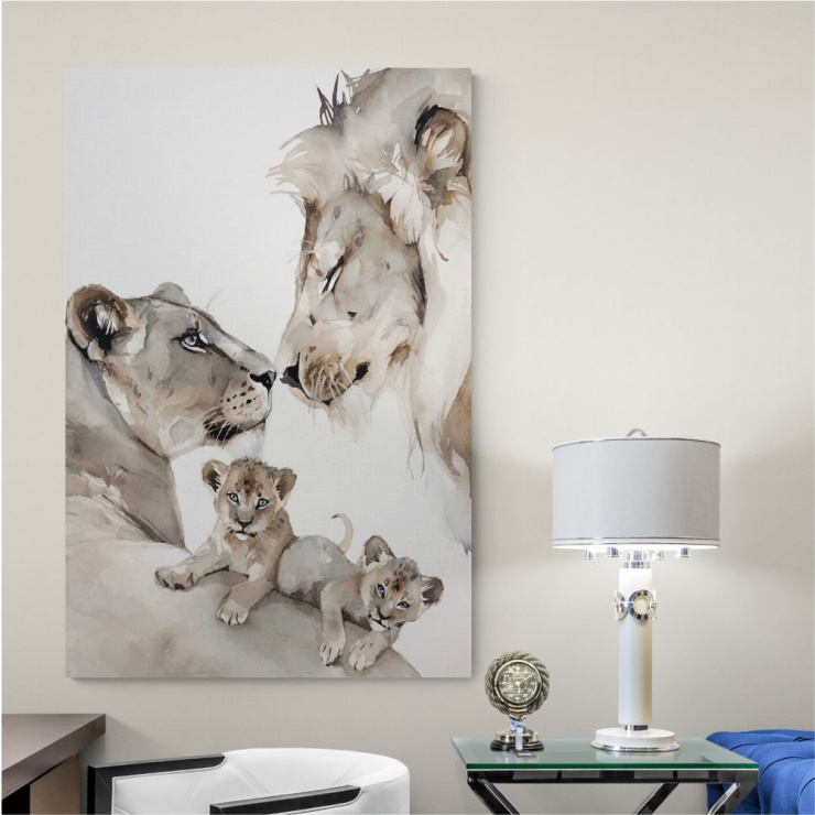 Tela Canvas Família de Leões  Aquarela