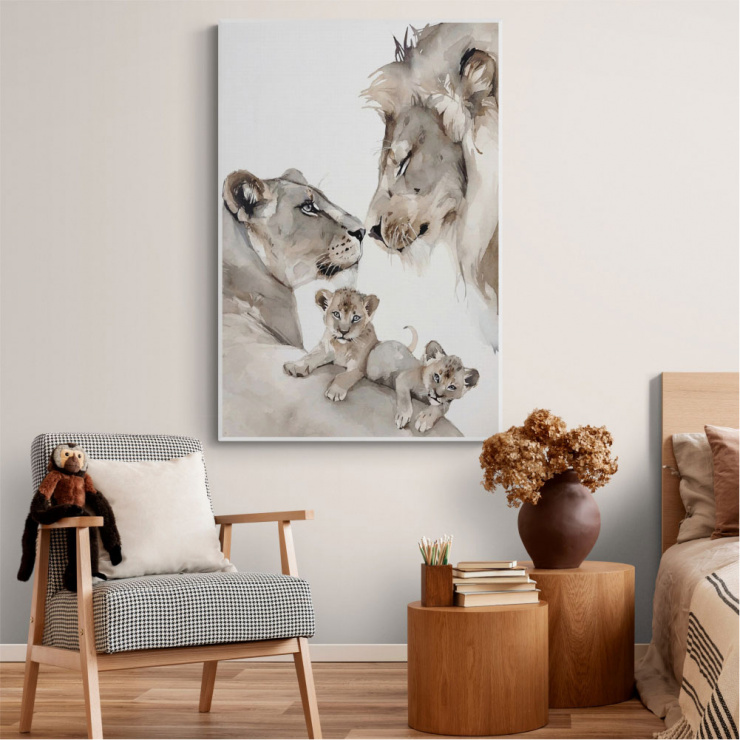 Tela Canvas Família de Leões  Aquarela