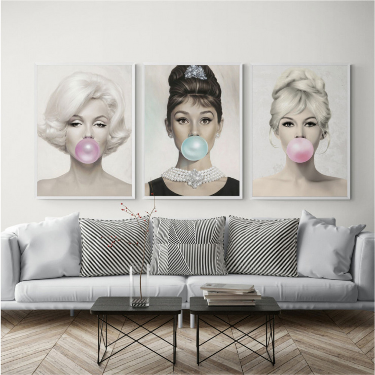 Quadro Marilyn Monroe, Audrey Hepburn e Brigitte Bardot - Kit de 3 quadros