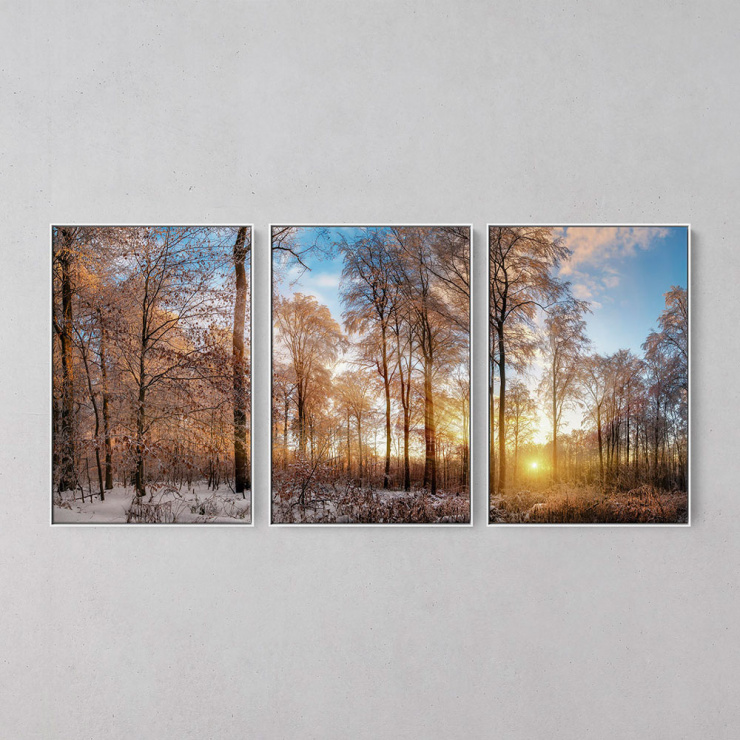 Tela Floresta Pôr do Sol na Neve - Kit de 3 Telas Canvas