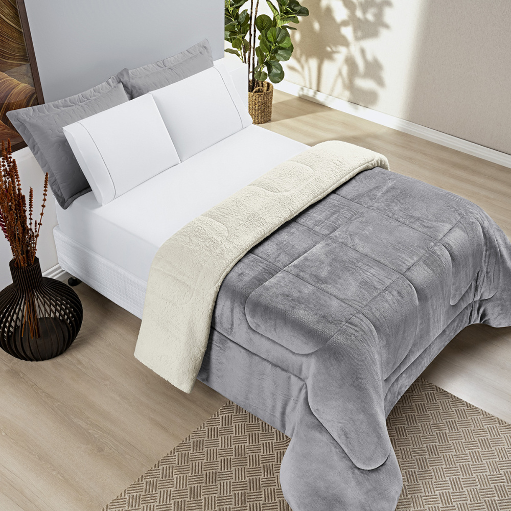 Coberdrom Cobertor Queen Manta Sherpa Pele de Carneiro 490g/m² Dupla Face Aspen Cinza - Linda Casa - Cama Mesa Banho e Tapetes