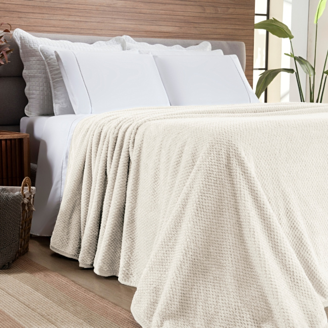 Cobertor Casal Queen King Manta Microfibra Coberta 2,20x2,40M Toque de Seda Premier Macio Marfim