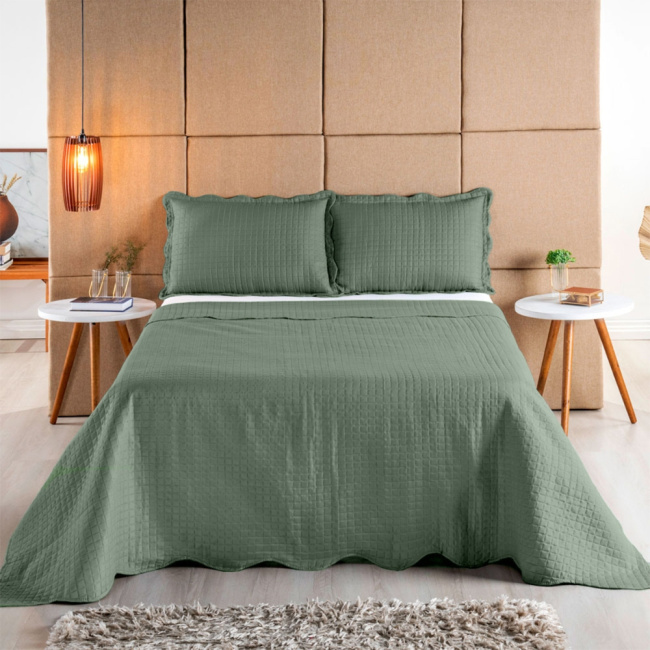 Cobre Leito Colcha Queen 3 Peças Boutis Pastilhas Dupla Face Micro Percal 150 Fios Verde