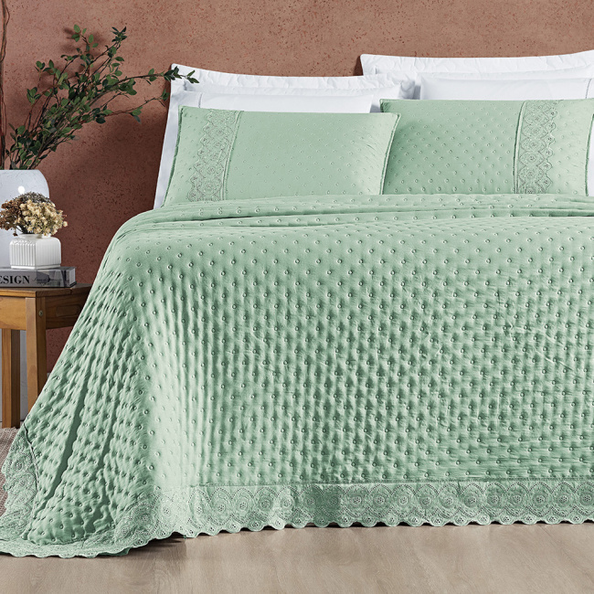 Cobre Leito Colcha Queen 3 Peças Nobless 200 Fios Matelado Lese Bordado Inglês Salvia
