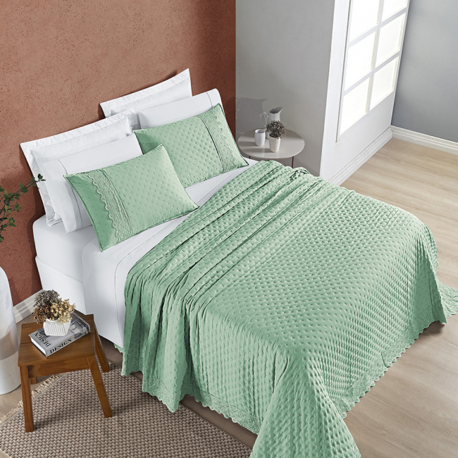 Cobre Leito Colcha Queen 3 Peças Nobless 200 Fios Matelado Lese Bordado Inglês Salvia