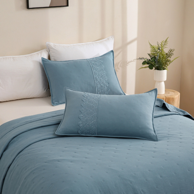 Colcha Cobre Leito Casal 3 Peças Percal 300 Fios Matelado Bordado Inglês Napoli Azul