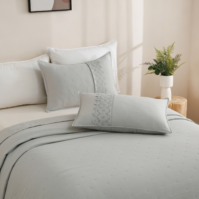 Colcha Cobre Leito Casal 3 Peças Percal 300 Fios Matelado Bordado Inglês Napoli Cinza