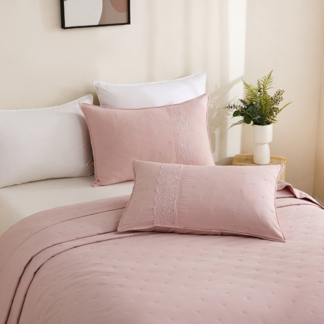 Colcha Cobre Leito Casal 3 Peças Percal 300 Fios Matelado Bordado Inglês Napoli Rosê