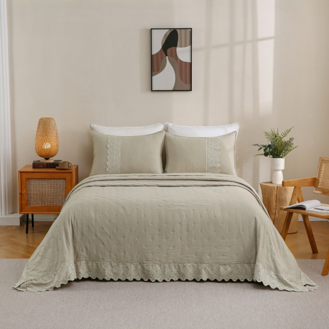 Colcha Cobre Leito Casal 3 Peças Percal 300 Fios Matelado Bordado Inglês Napoli Fendi