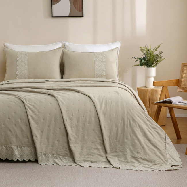 Colcha Cobre Leito Casal 3 Peças Percal 300 Fios Matelado Bordado Inglês Napoli Fendi