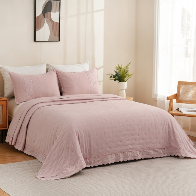 Colcha Cobre Leito King 3 Peças Percal 300 Fios Matelado Bordado Inglês Napoli Rosê