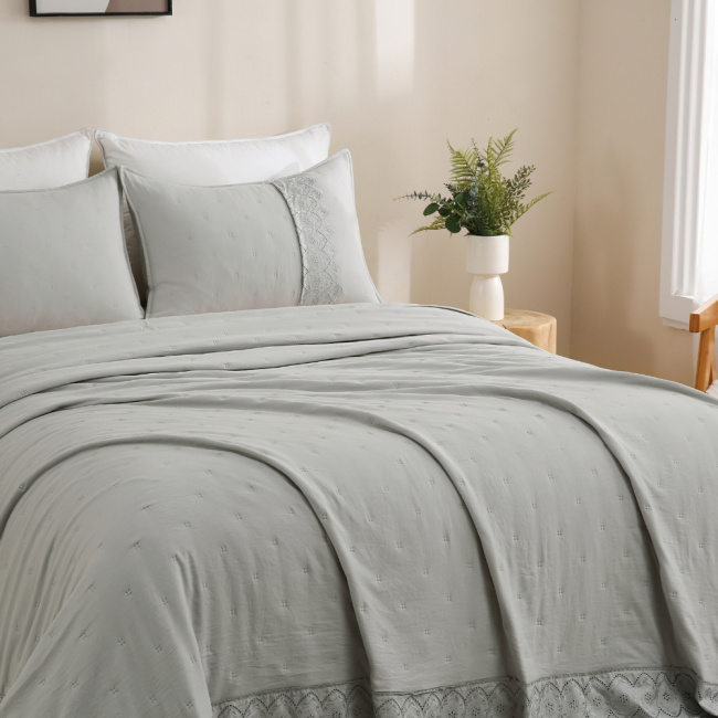 Colcha Cobre Leito Queen 3 Peças Percal 300 Fios Matelado Bordado Inglês Napoli Cinza