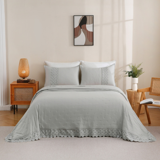 Colcha Cobre Leito Queen 3 Peças Percal 300 Fios Matelado Bordado Inglês Napoli Cinza