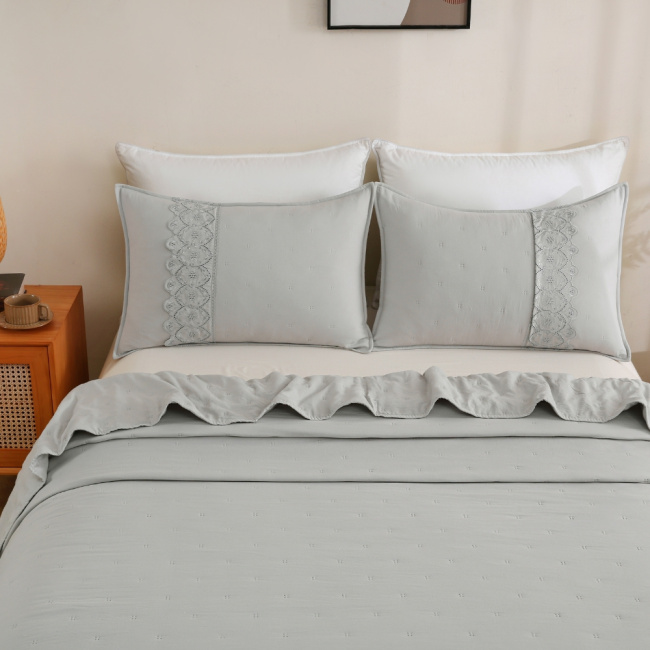 Colcha Cobre Leito Queen 3 Peças Percal 300 Fios Matelado Bordado Inglês Napoli Cinza