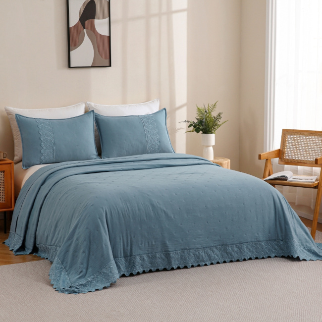 Colcha Cobre Leito Queen 3 Peças Percal 300 Fios Matelado Bordado Inglês Napoli Azul