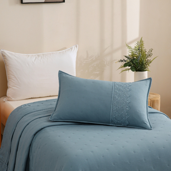 Colcha Cobre Leito Solteiro 2 Peças Percal 300 Fios Matelado Bordado Inglês Napoli Azul