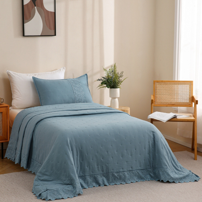 Colcha Cobre Leito Solteiro 2 Peças Percal 300 Fios Matelado Bordado Inglês Napoli Azul