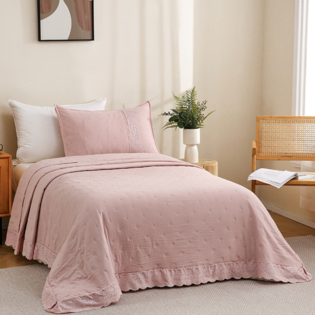 Colcha Cobre Leito Solteiro 2 Peças Percal 300 Fios Matelado Bordado Inglês Napoli Rosê