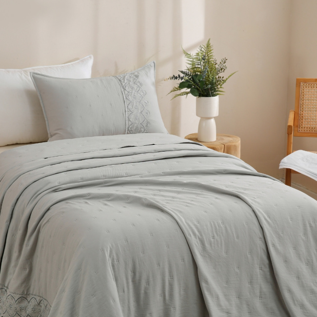 Colcha Cobre Leito Solteiro 2 Peças Percal 300 Fios Matelado Bordado Inglês Napoli Cinza