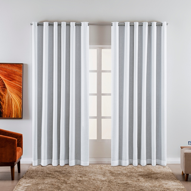 Cortina Voil Gaze de Linho com Forro Tecido Blackout 2,70x1,80m para Varão 2M Grécia Branco