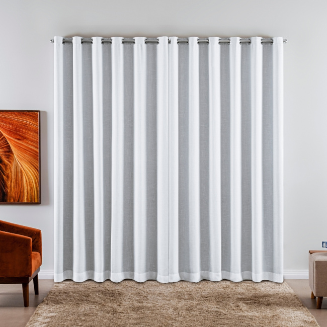 Cortina Voil Gaze de Linho com Forro Tecido Blackout 2,70x1,80m para Varão 2M Grécia Branco