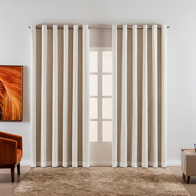 Cortina Voil Gaze de Linho com Forro Tecido Blackout 4,40x2,60m para Varão 3M Grécia Marfim