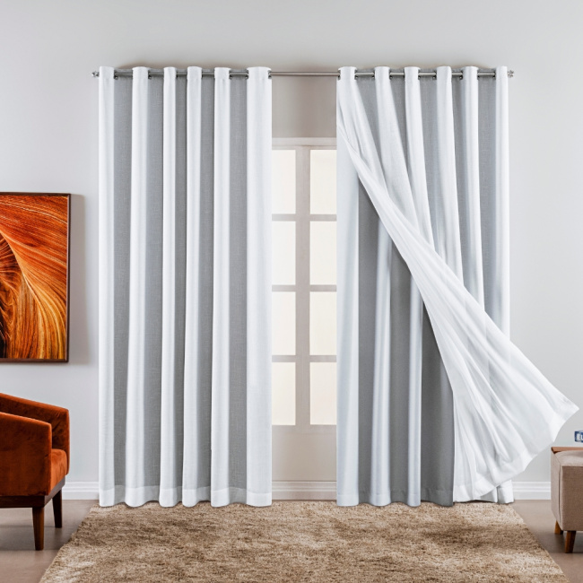 Cortina Voil Gaze de Linho com Forro Tecido Blackout 5,90x2,60m para Varão 4M Grécia Branco