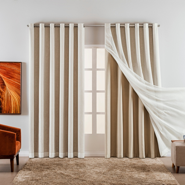 Cortina Voil Gaze de Linho com Forro Tecido Blackout 5,90x2,60m para Varão 4M Grécia Marfim