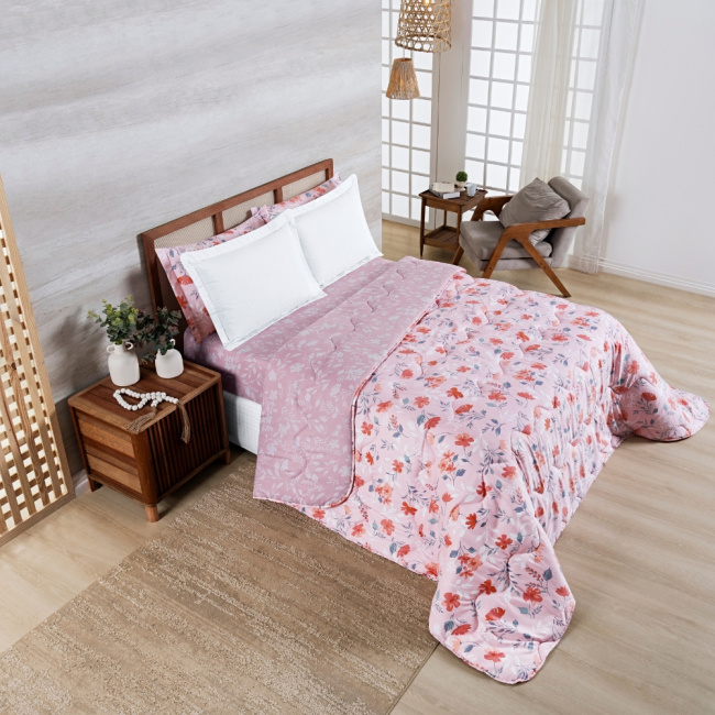 Edredom Cobertor King 400 Fios Percal Matelassê Dupla Face Premier Estampado Floral Rosa