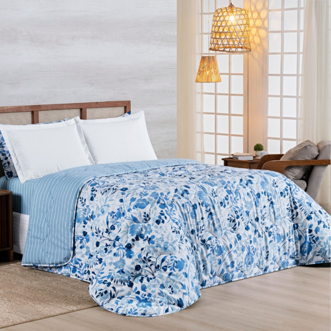 Edredom Cobertor King 400 Fios Percal Matelassê Dupla Face Premier Estampado Floral Azul