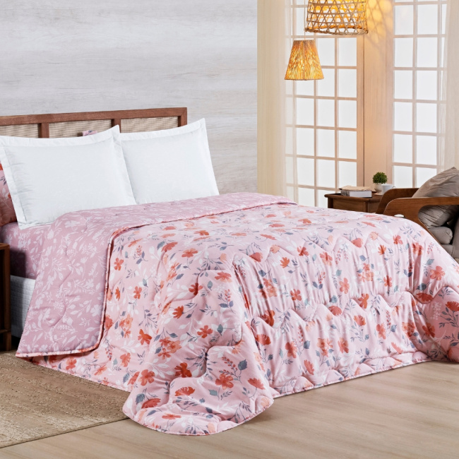 Edredom Cobertor King 400 Fios Percal Matelassê Dupla Face Premier Estampado Floral Rosa