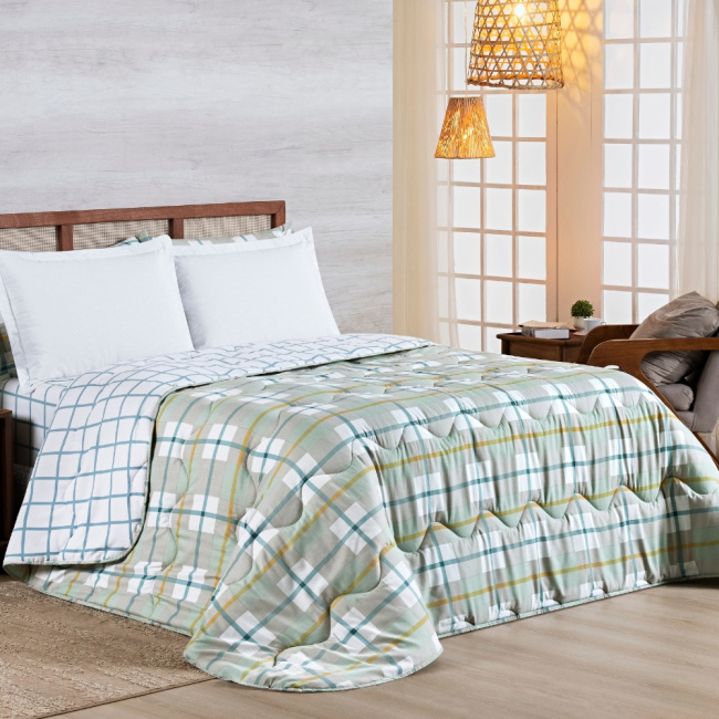 Edredom Cobertor King 400 Fios Percal Matelassê Dupla Face Premier Estampado Grid Verde