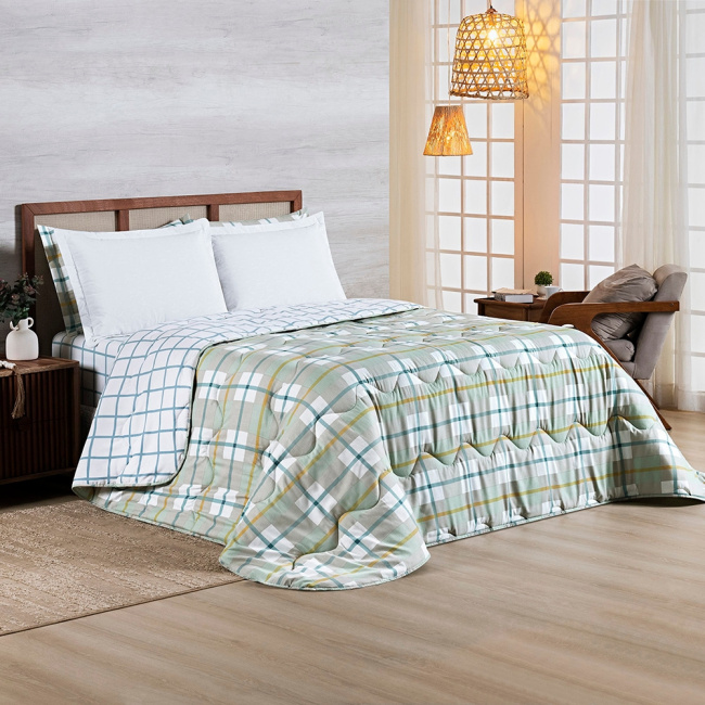 Edredom Cobertor Queen 400 Fios Percal Matelassê Dupla Face Premier Estampado Grid Verde
