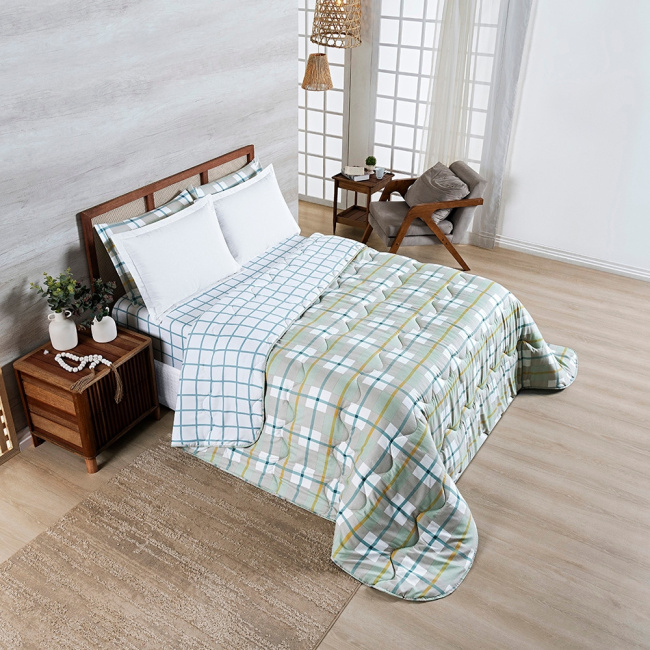 Edredom Cobertor Queen 400 Fios Percal Matelassê Dupla Face Premier Estampado Grid Verde