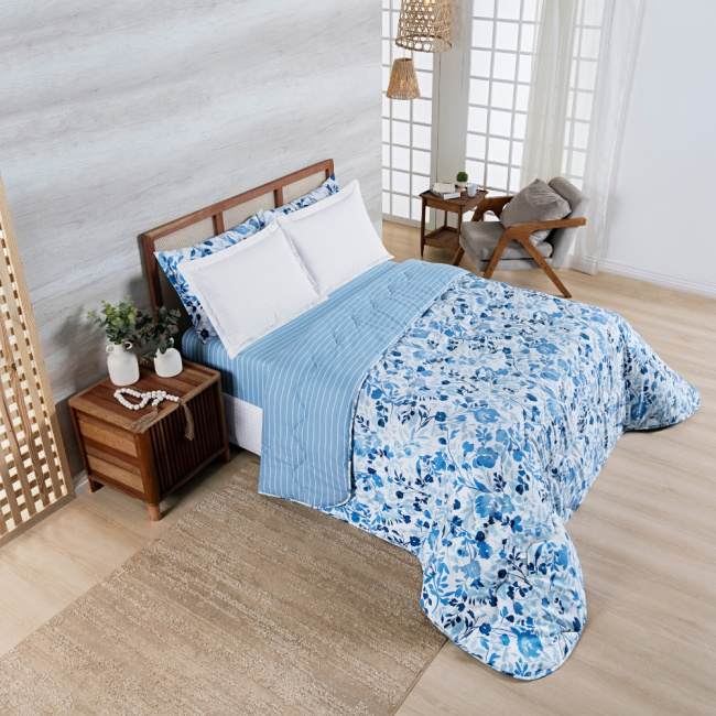 Edredom Cobertor Super King 400 Fios Percal Matelassê Dupla Face Premier Estampado Floral Azul