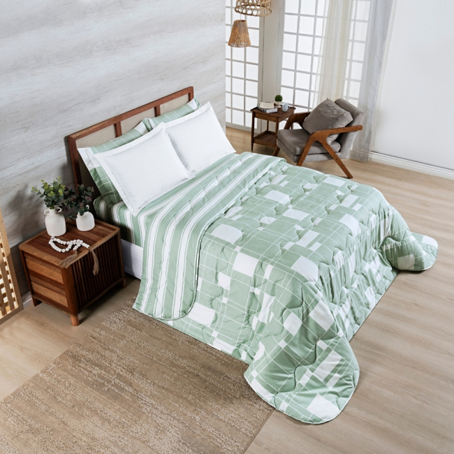 Edredom Cobertor Super King 400 Fios Percal Matelassê Dupla Face Premier Estampado Geometric Verde