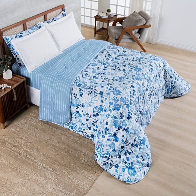 Edredom Cobertor Super King 400 Fios Percal Matelassê Dupla Face Premier Estampado Floral Azul